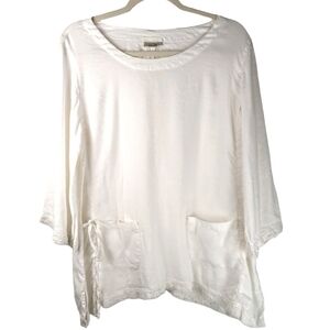 Kleen Women's White LINEN Blend Tunic Long Sleeve Minimalist Blouse Shirt Size S